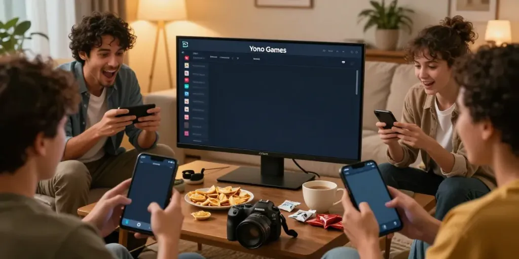 Adults enjoying yono games together in a cozy living room