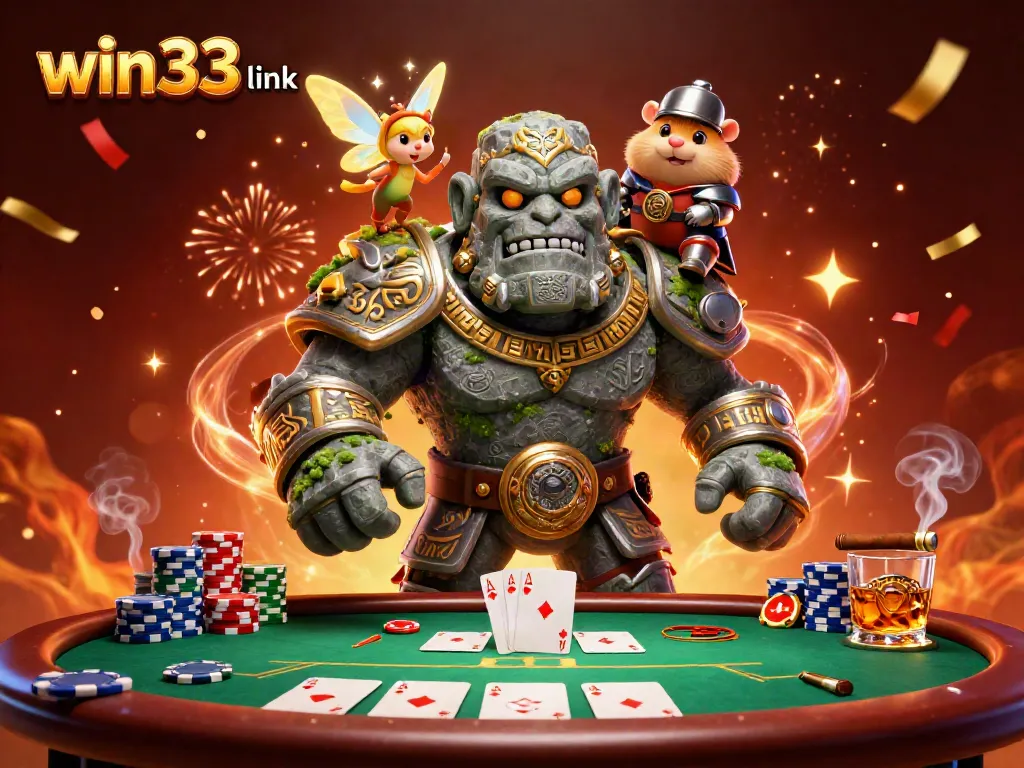 Experience gripping excitement as the stone golem and friends present the win33 link during a vibrant poker game.