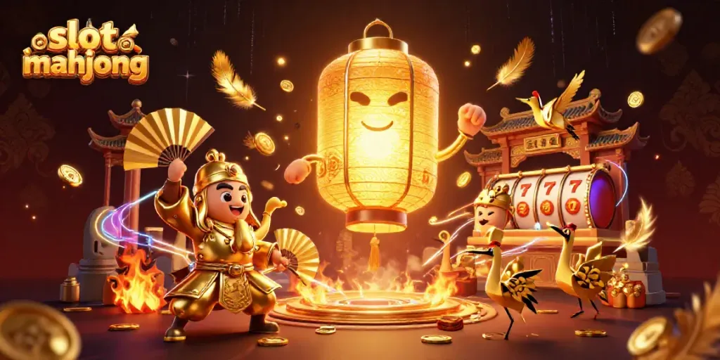 Slot mahjong ilustrasi kasino yang dinamis dengan karakter bercahaya dan elemen bertema keberuntungan.