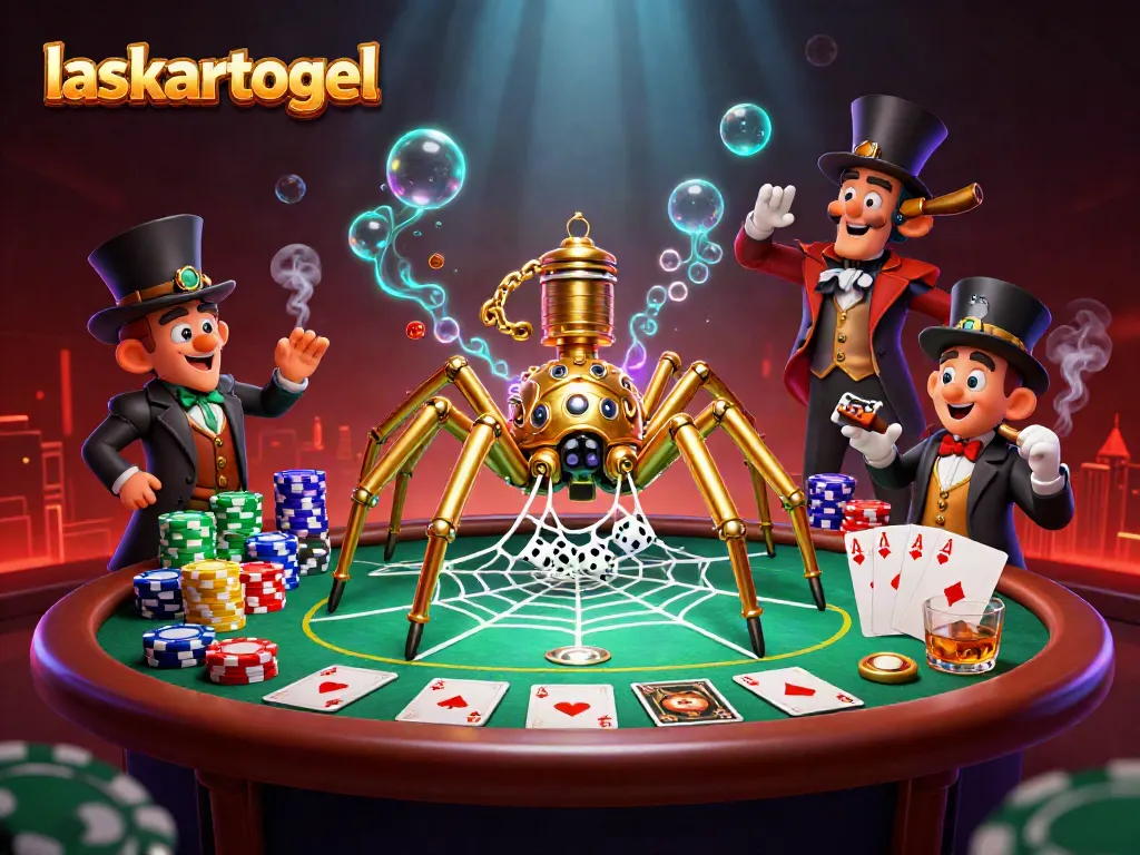 Engage with thrilling gambling action at laskartogel as a whimsical steampunk spider weaves golden chains and poker chips.