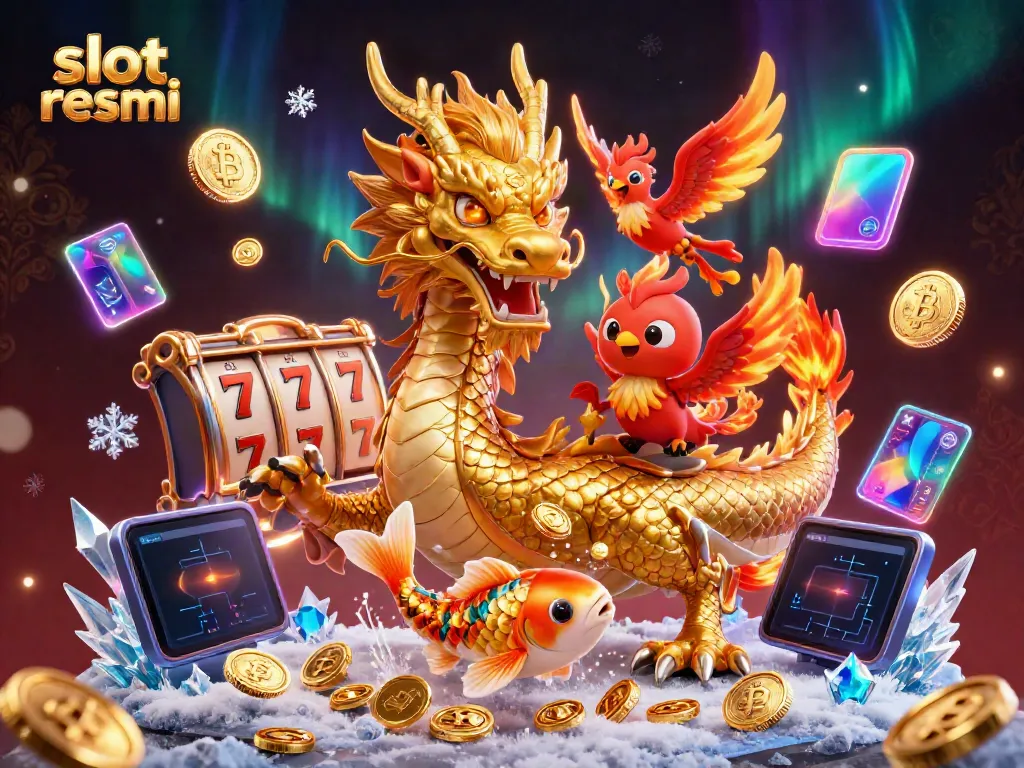 Experience thrilling wins with slot resmi featuring a golden dragon and lucky symbols in a vibrant casino scene.