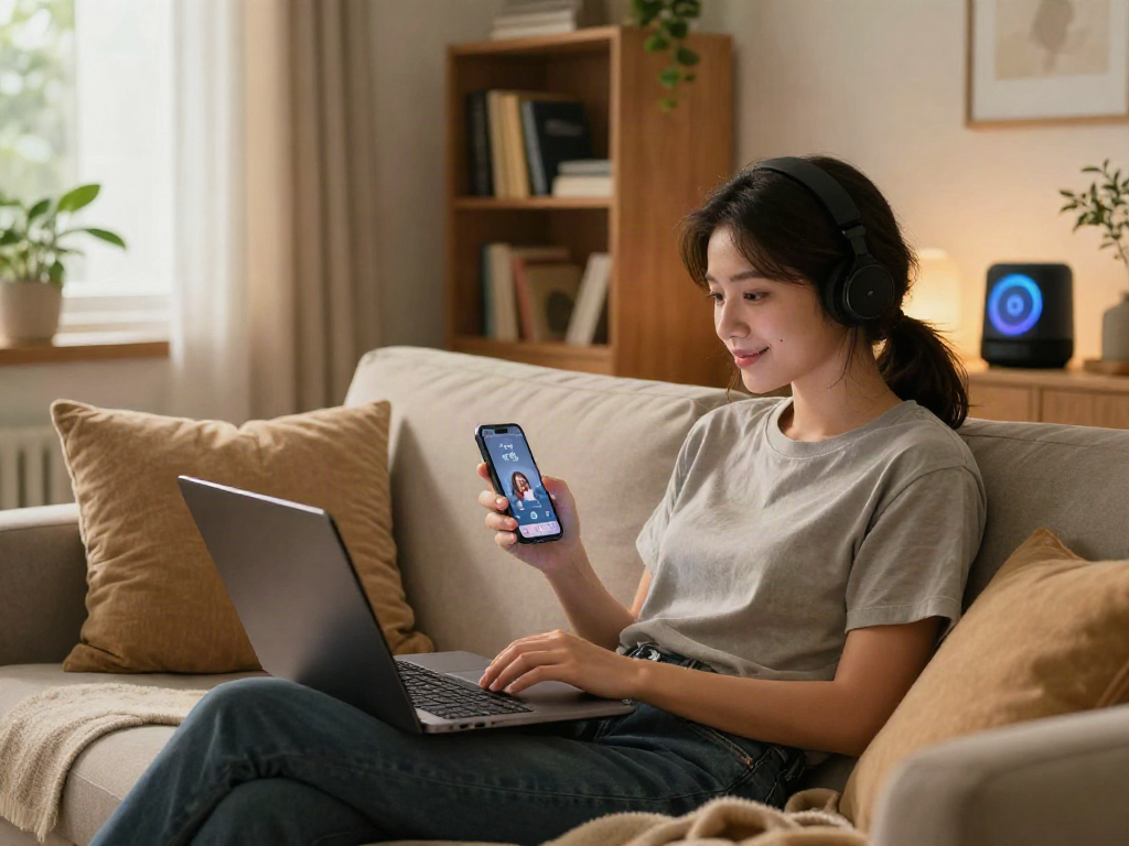 Engaged user in a sex AI chat on a laptop in a cozy living room, showcasing modern digital communication.