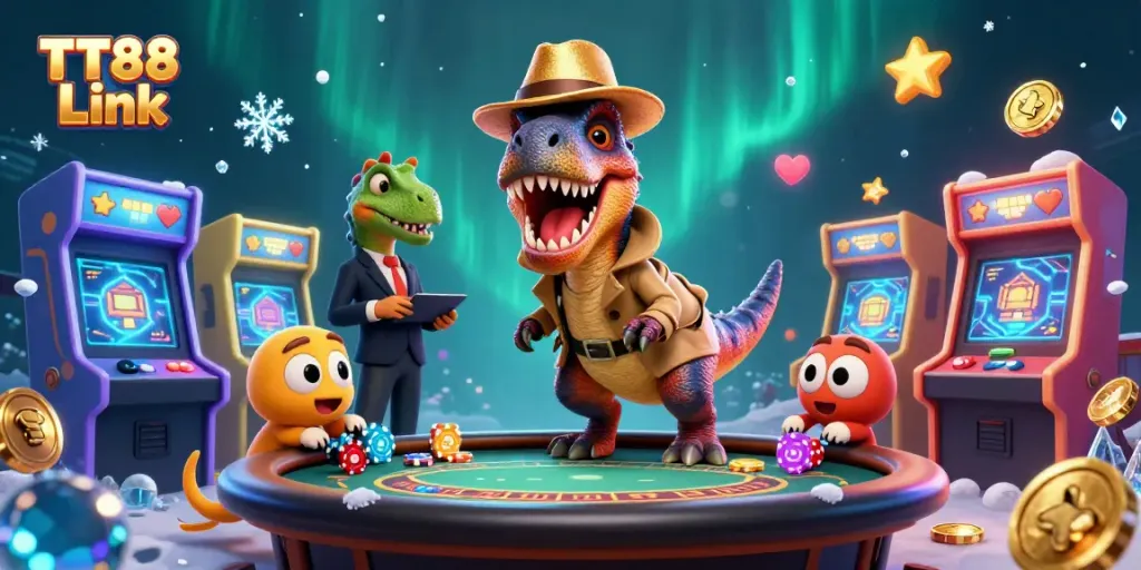Experience the thrill of TT88 Link with playful characters amid vibrant casino elements