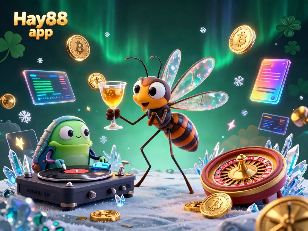 Experience the thrilling Hay88 app with a lively casino scene featuring unique mascot characters and crypto elements.