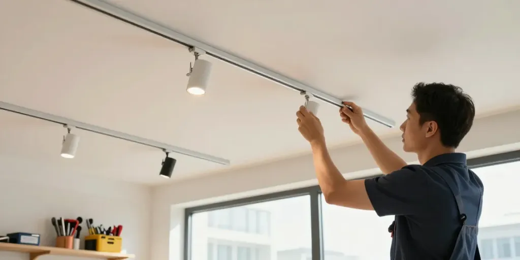 Instalare sina magnetică: contractor profesionist montând corpurile LED, servicii de iluminat accesibile și de încredere.