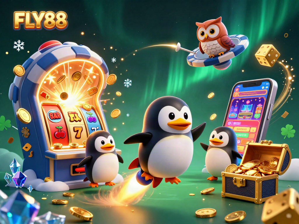 FLY88 ignites excitement with a rocket-powered penguin and coin-filled jackpots in a casino galaxy.