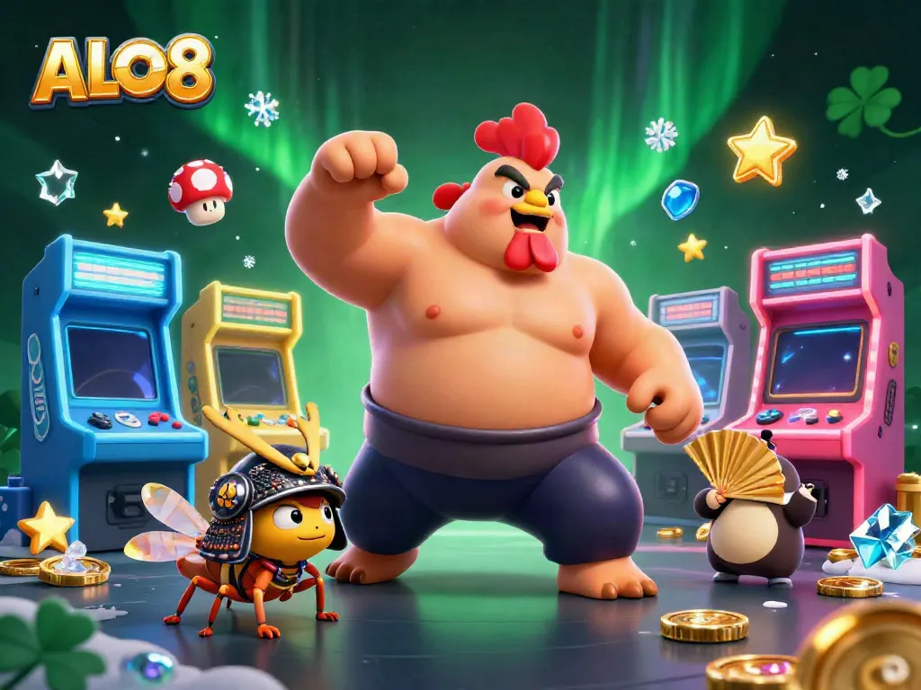 Experience thrilling gaming with ALO8, a sumo rooster and samurai cricket in a dynamic casino scene.