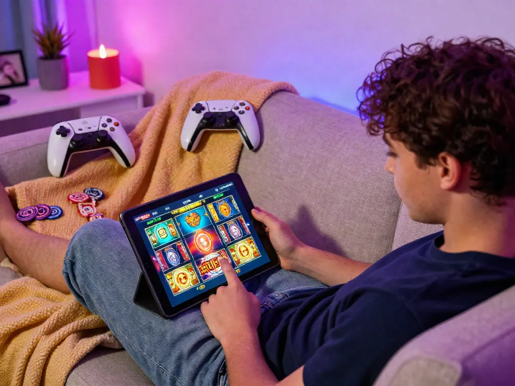 Engaging scene of a player enjoying slot games on a tablet in a cozy setting, highlighting the thrill of online gaming.