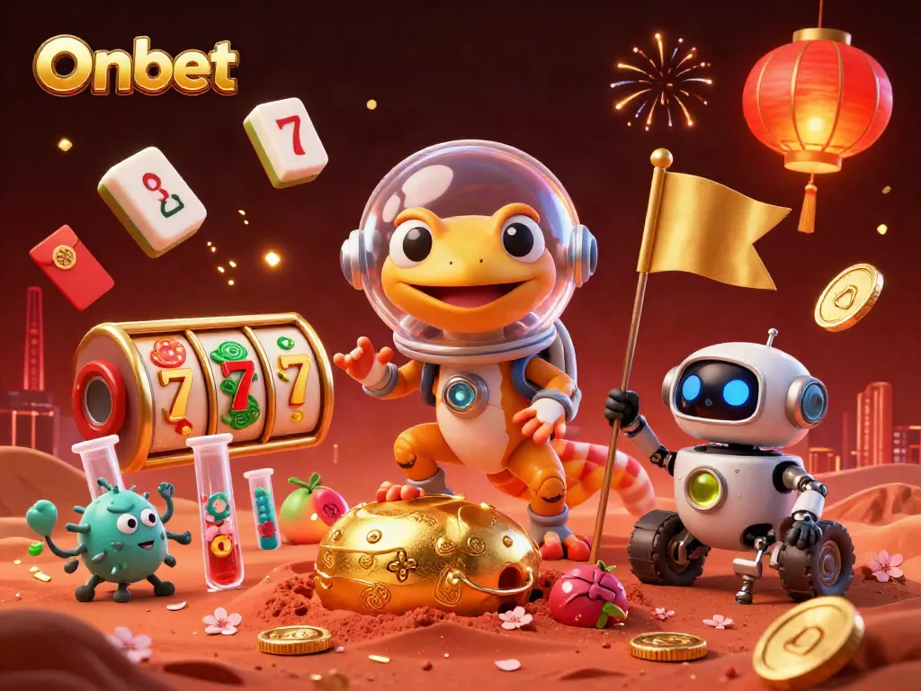 Engage in the thrilling Onbet casino experience with a Martian gecko unlocking treasures of the galaxy.