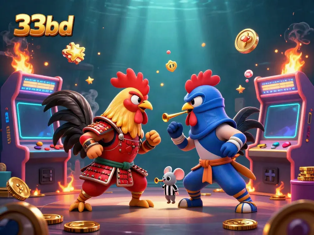 Engage with 33bd's vibrant casino showdown featuring samurai rooster, ninja rooster, and game elements.