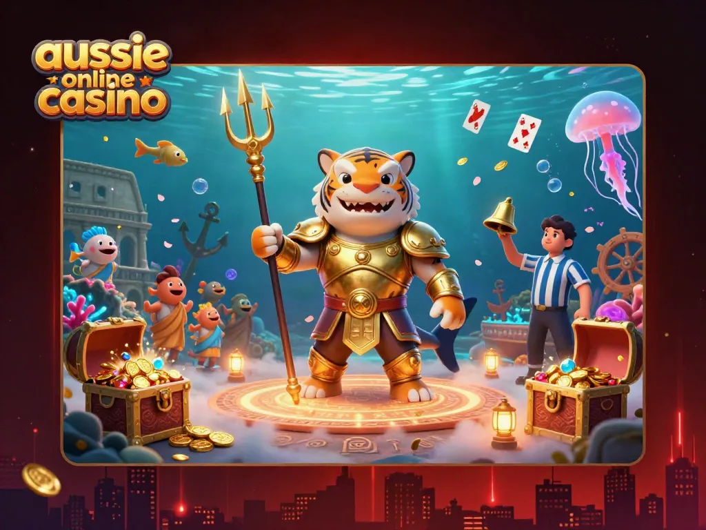An engaging scene with a tiger shark in golden gladiator armor at an aussie online casino, surrounded by treasure chests and cheering fish.