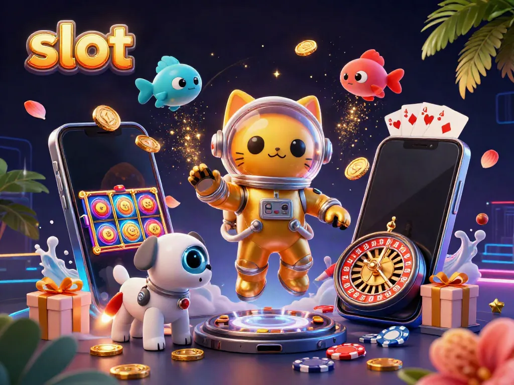 Slot dalam permainan kasino dengan kucing astronot dan anjing robot, dilengkapi dengan banyak simbol keberuntungan.