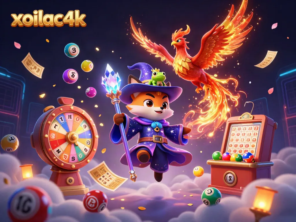 Engage in lottery excitement with a vibrant scene showcasing xoilac4k's mesmerizing wizard and overflowing game elements.