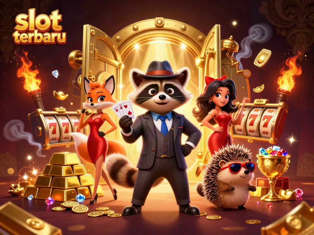 Gambar kreatif "slot terbaru" dengan karakter kasino dan elemen permainan slot yang berkilau.