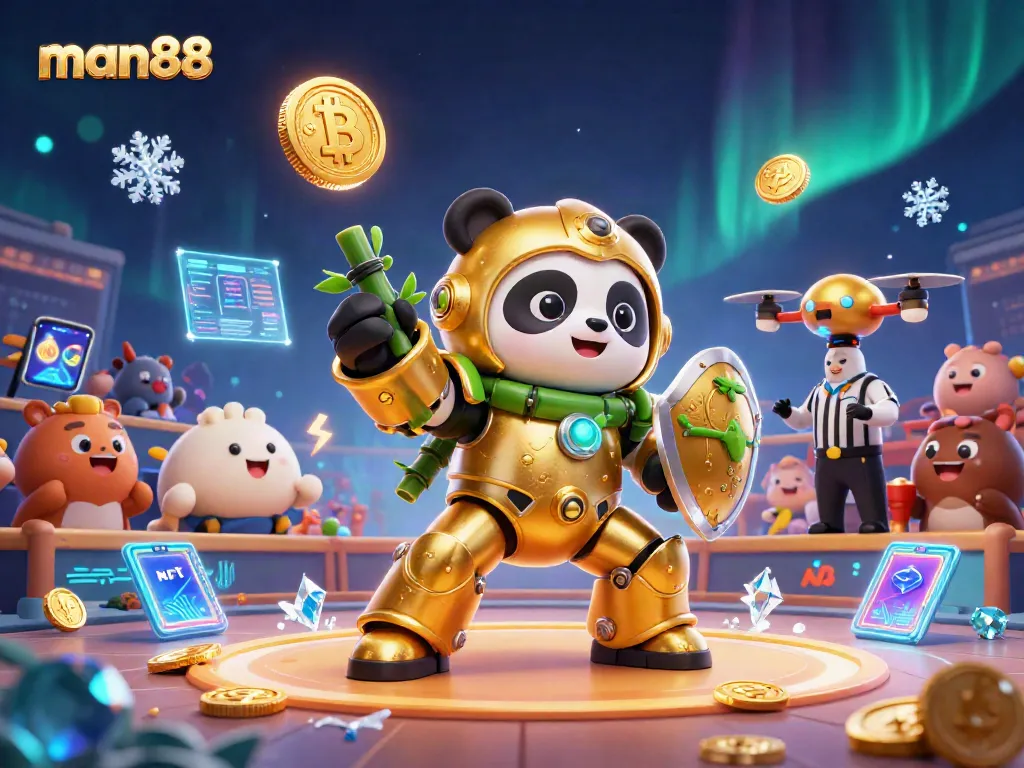 Engage with man88 through thrilling gameplay in a vibrant casino arena with dynamic characters and crypto elements.