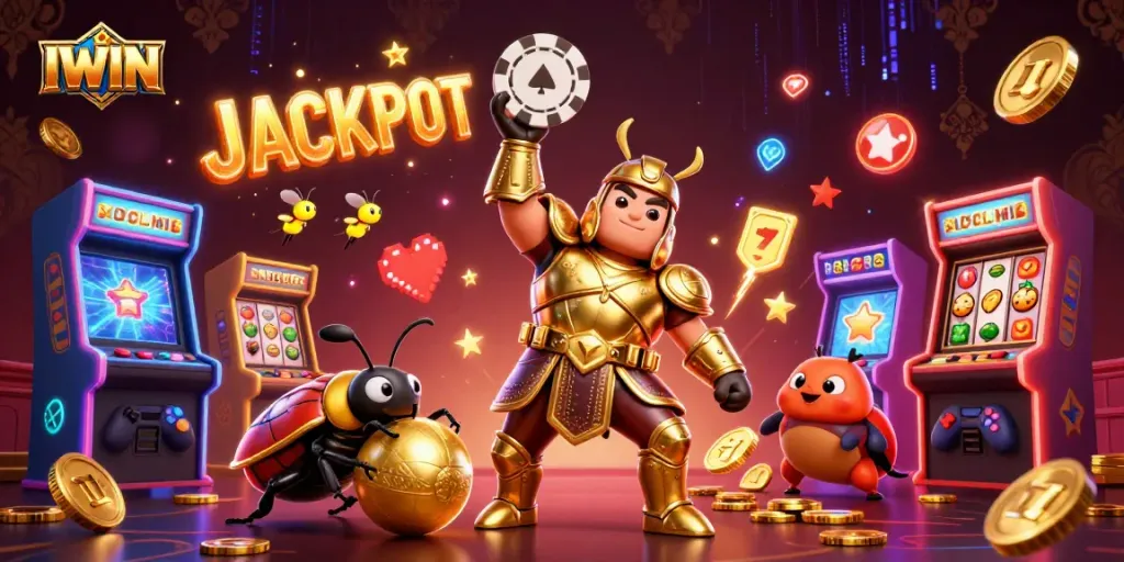 IWIN's epic gaming adventure with beetles and jackpots illuminating the casino scene