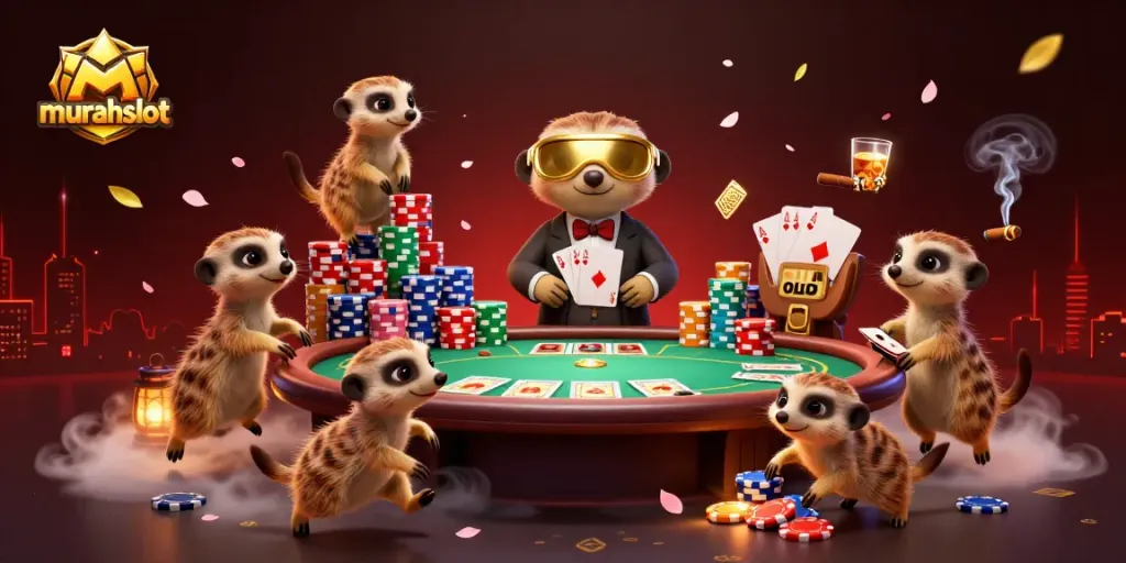 Merayakan kemenangan di murahslot dengan koloni meerkat menjalankan operasi kasino yang meriah.