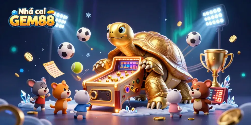 Engage with Nhà cái GEM88 as the golden tortoise pinball machine captivates small animals in a vibrant casino world.