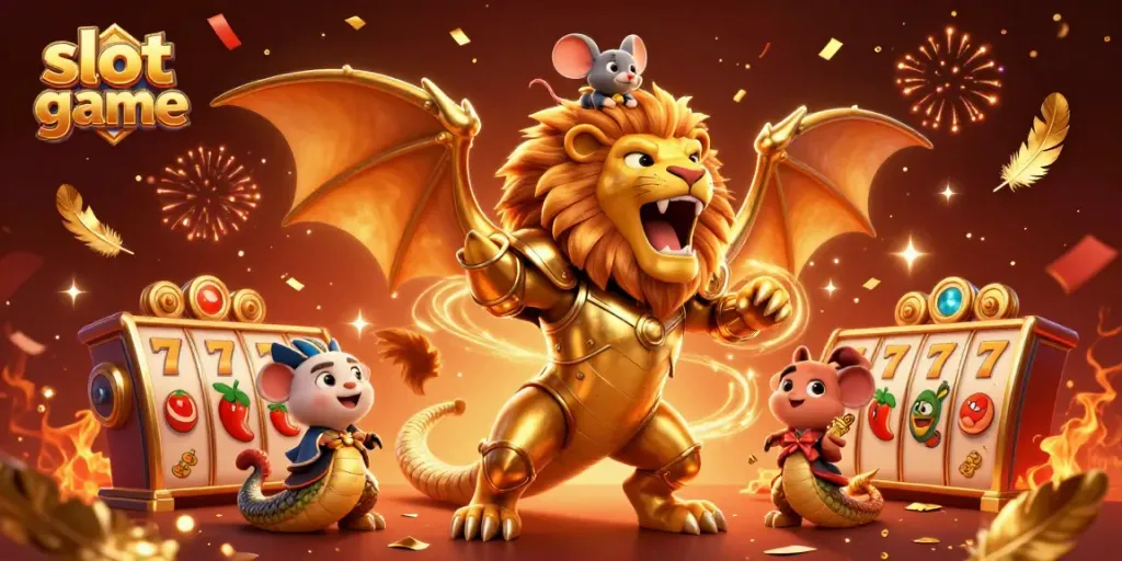 Engage in thrilling slot game action with a roaring chimera and lucky 7s in a vibrant casino scene.