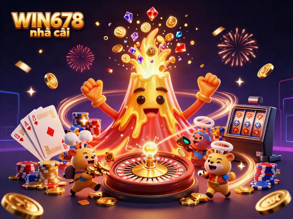 Experience the thrill of WIN678 nhà cái with this vibrant 3D illustration featuring golden volcanoes, treasure, and casino elements.