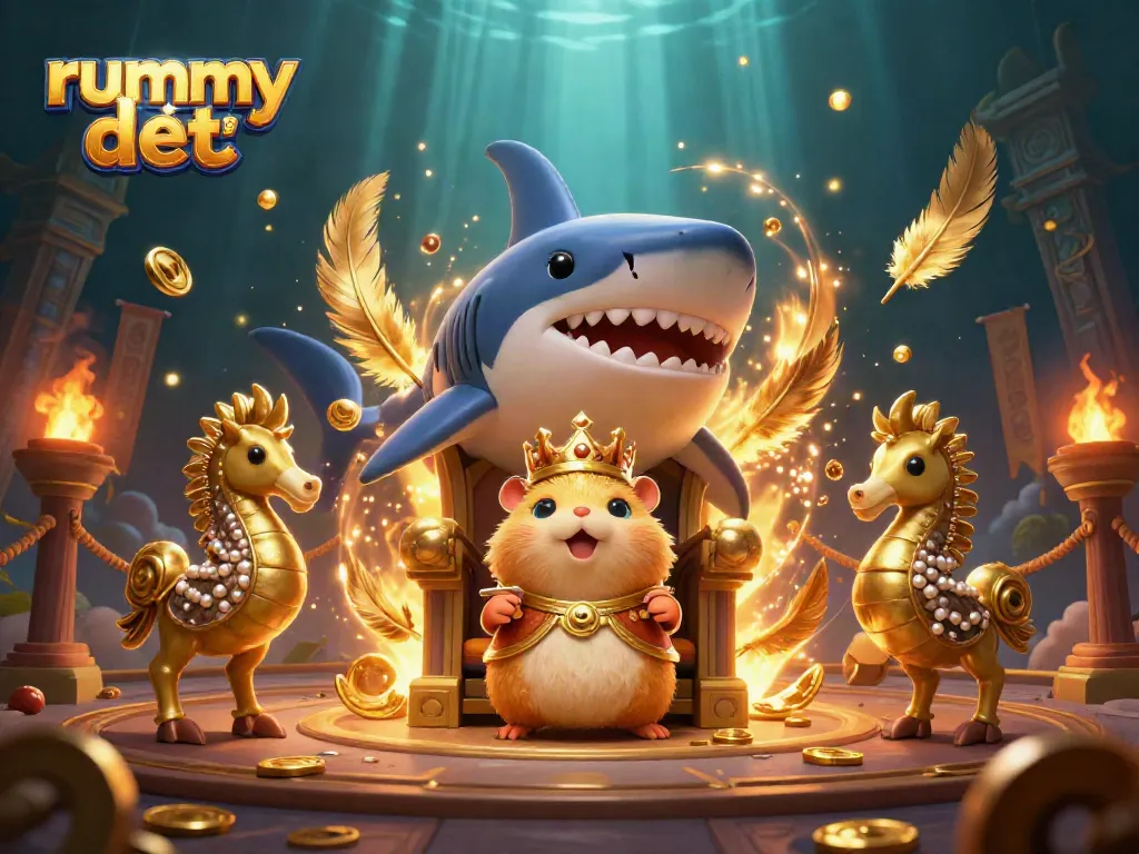 Rummy Deity: karakter utama kecil dan penjaga laut di arena taruhan, dikelilingi detail kasino