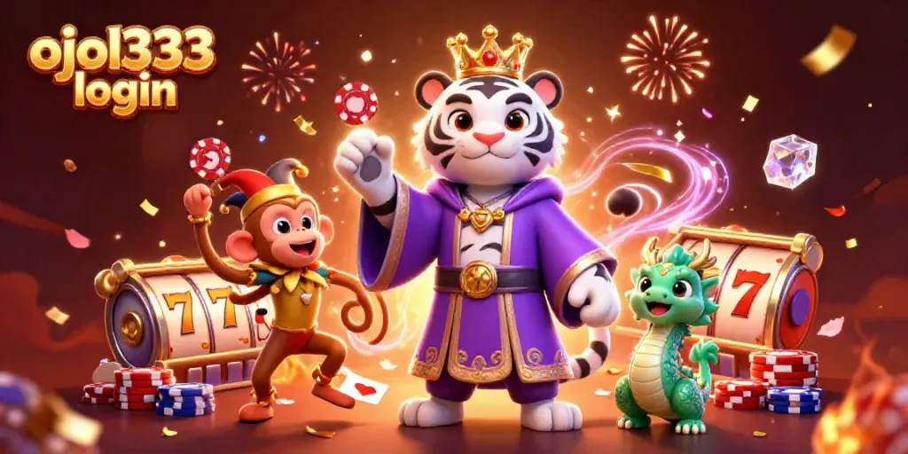 Experience the excitement of ojol333 login with an interactive casino scene featuring a majestic tiger and playful characters.