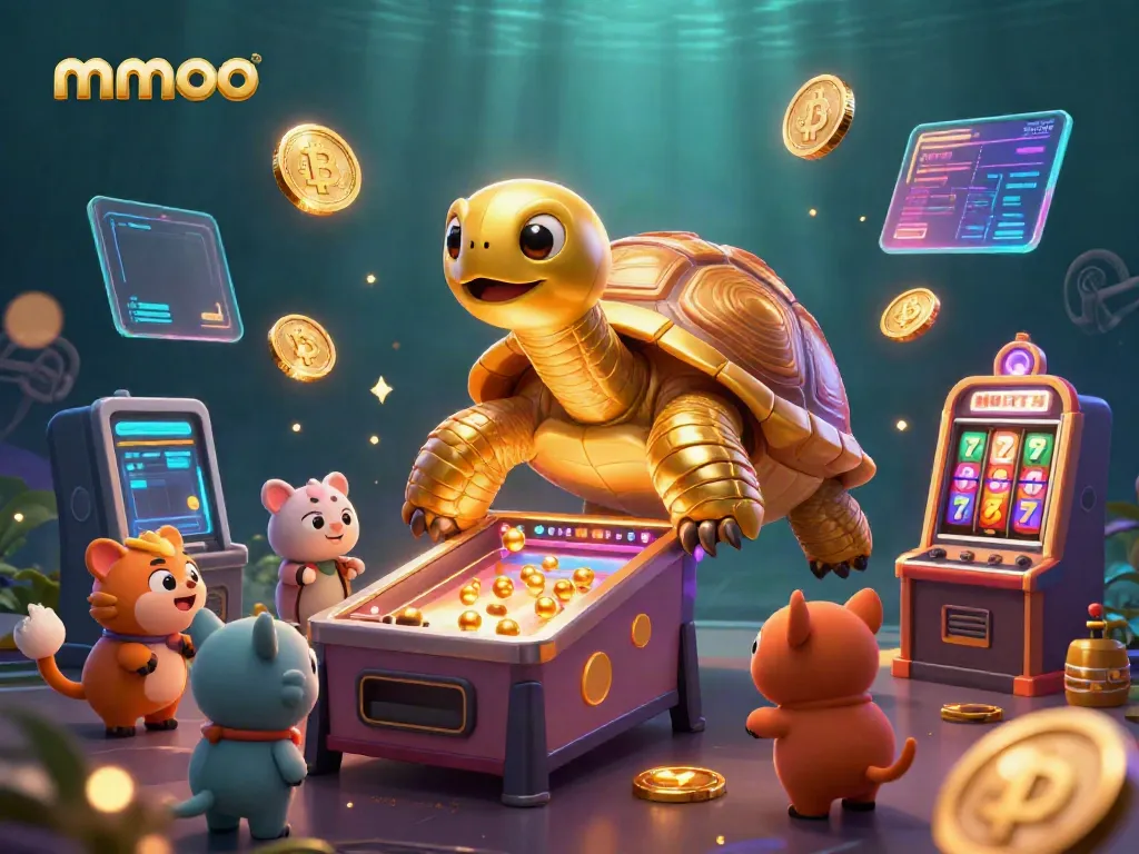 mmoo showcases interactive golden tortoise casino game element surrounded by vibrant crypto symbols.