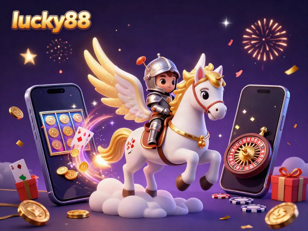 Witness the magical experience with lucky88 as a celestial horse and knight dance among casino elements.