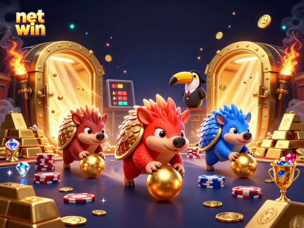 Engage in net win action with rival pangolins bowling through poker chips in a vibrant casino scene