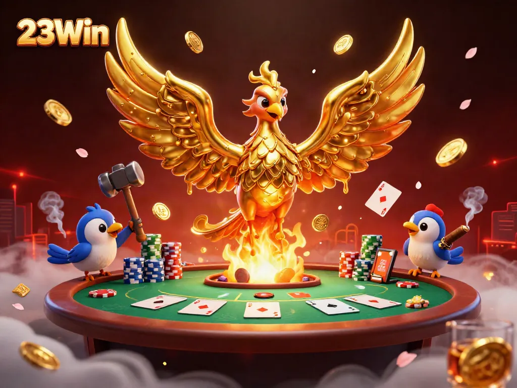 Experience the thrill of 23Win poker with a dynamic scene of a golden phoenix emerging, surrounded by colorful poker elements and excitement.