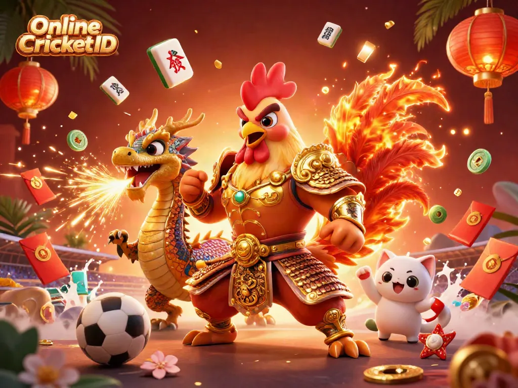 Engage with Online Cricket ID through this vibrant 3D illustration of a warrior rooster and dragon in action.