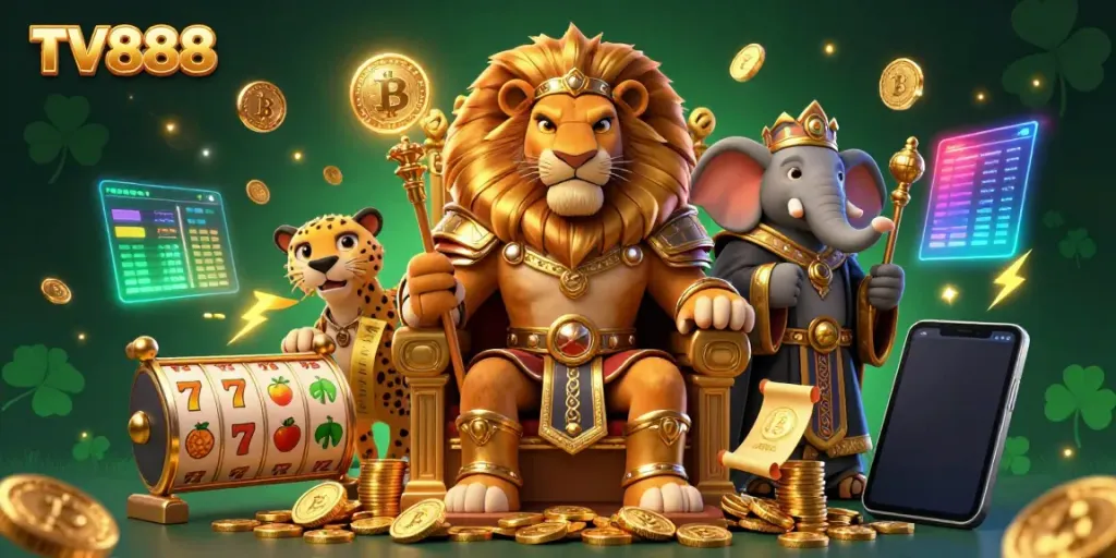 Experience thrilling gameplay with TV888's vibrant scene featuring a lion king, elephant advisor, and cheetah messenger.