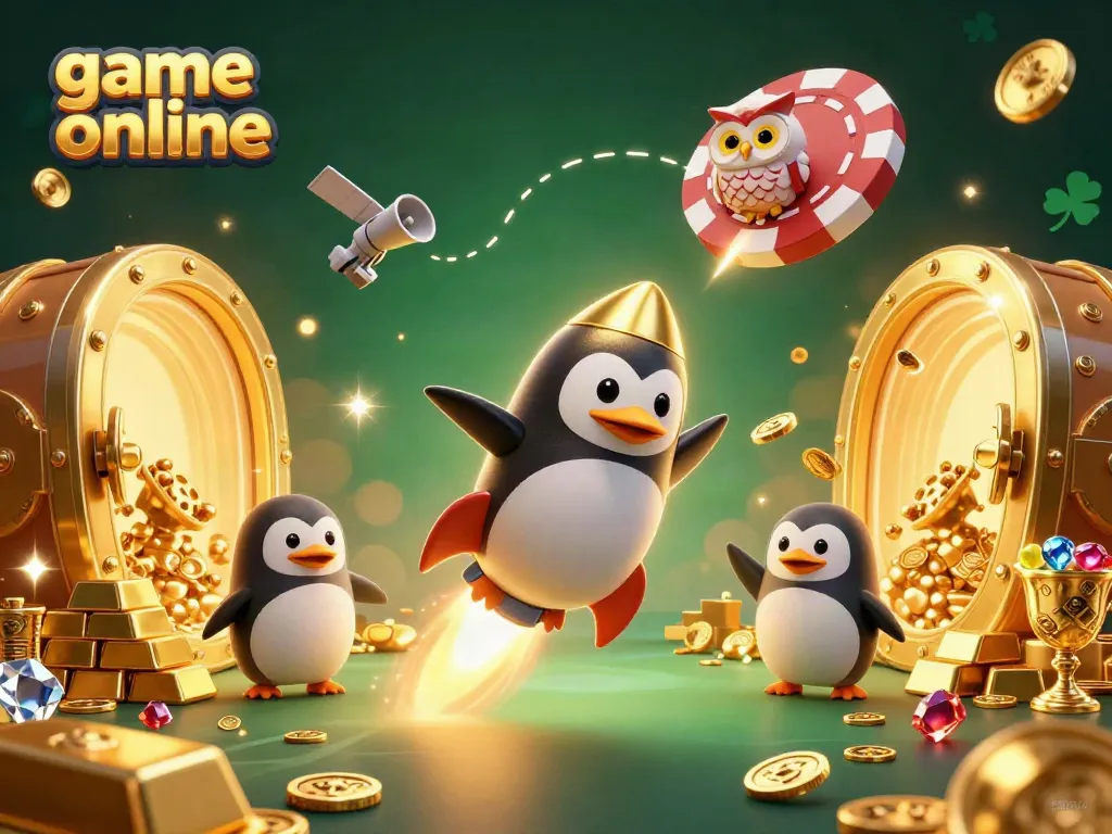 Experience exciting game online with a golden penguin and treasure in a vibrant casino universe.