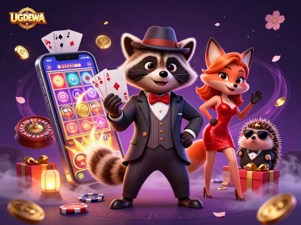 Engage in exciting casino adventures with UGDEWA featuring a raccoon in a royal flush showdown.