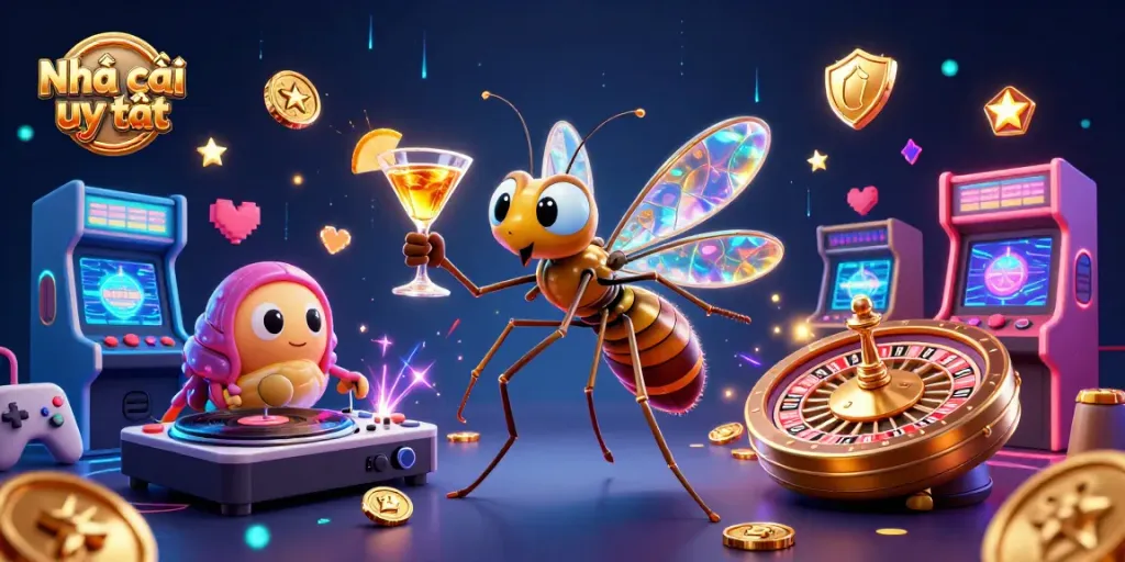 Engage with Nhà cái uy tín at a vibrant casino scene featuring playful characters and dynamic game elements.