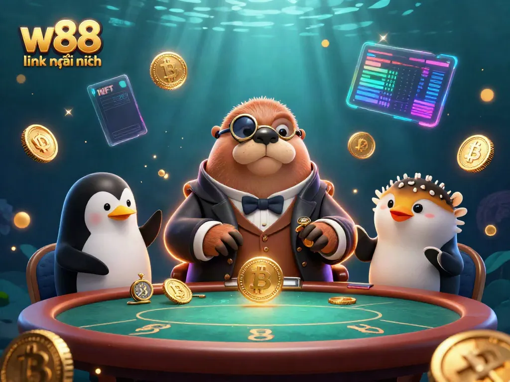 Experience thrilling gameplay at W88 with this vibrant underwater casino scene featuring a walrus and a sophisticated dealer.