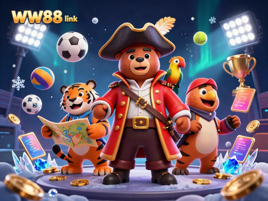 Experience excitement with WW88 link as a pirate bear, fierce tiger, and parrot celebrate wins amidst vibrant gambling elements.