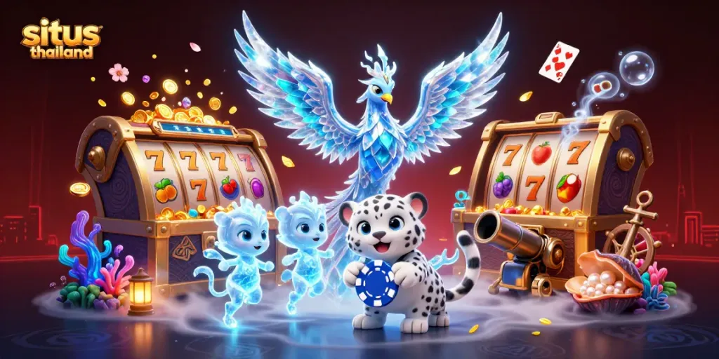 Experience thrilling gaming at situs thailand with an ice phoenix and vibrant casino scenes.