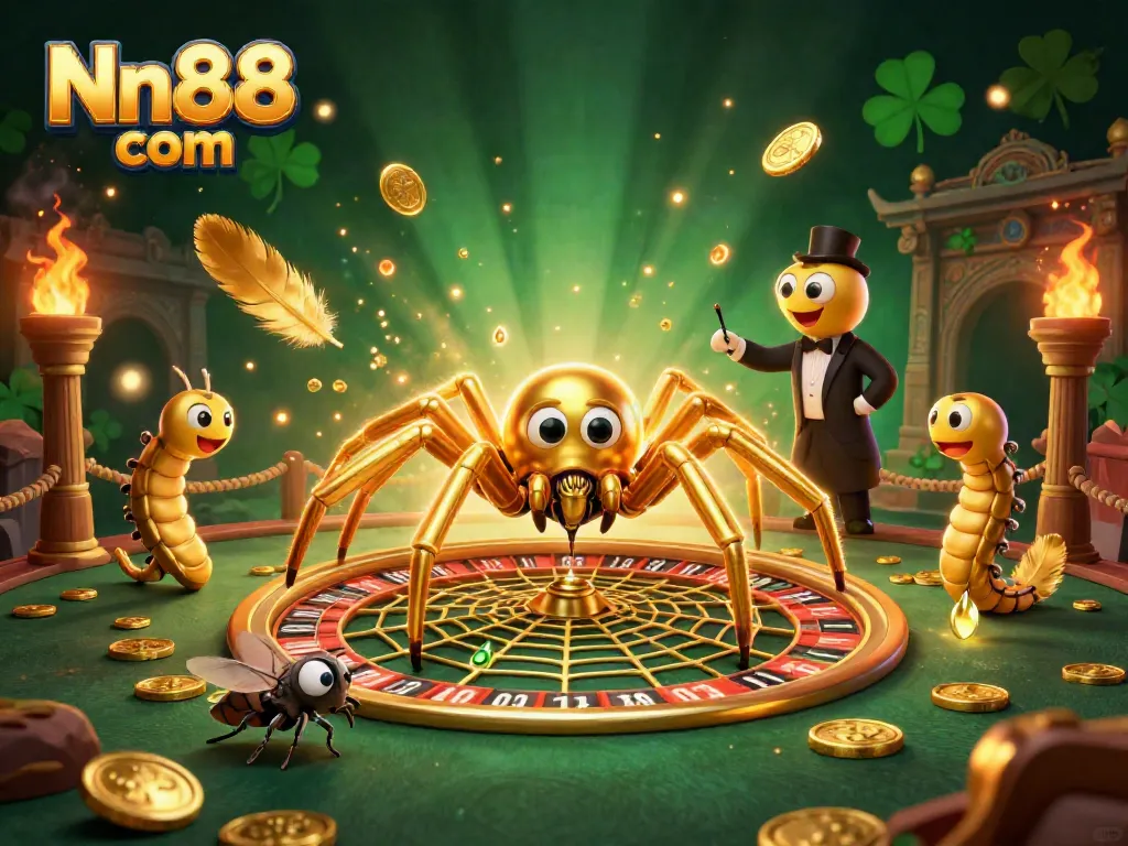 Engage in thrilling bets at Nn88 com with a golden spider spinning a roulette web in a vibrant casino atmosphere.