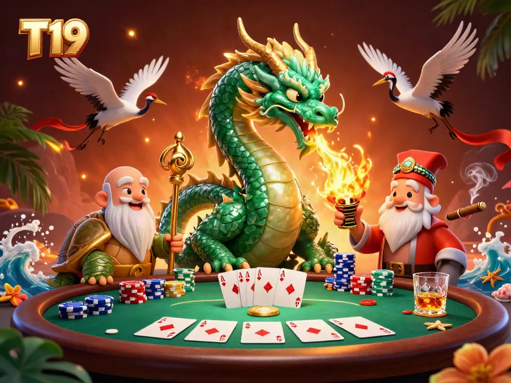 Experience T19's vibrant gaming scene with a jade dragon and animated characters at a poker table.