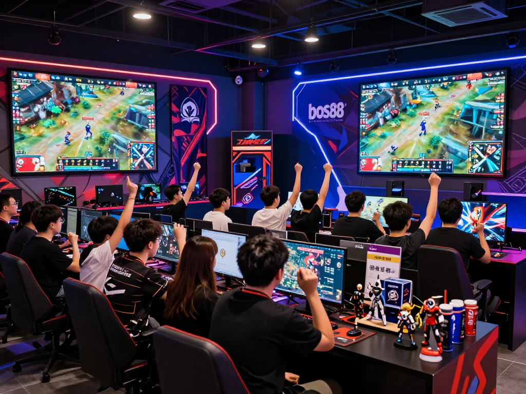 Kerumunan penggemar game di arena esports dengan logo bos88 yang menonjol, suasana bersemangat.