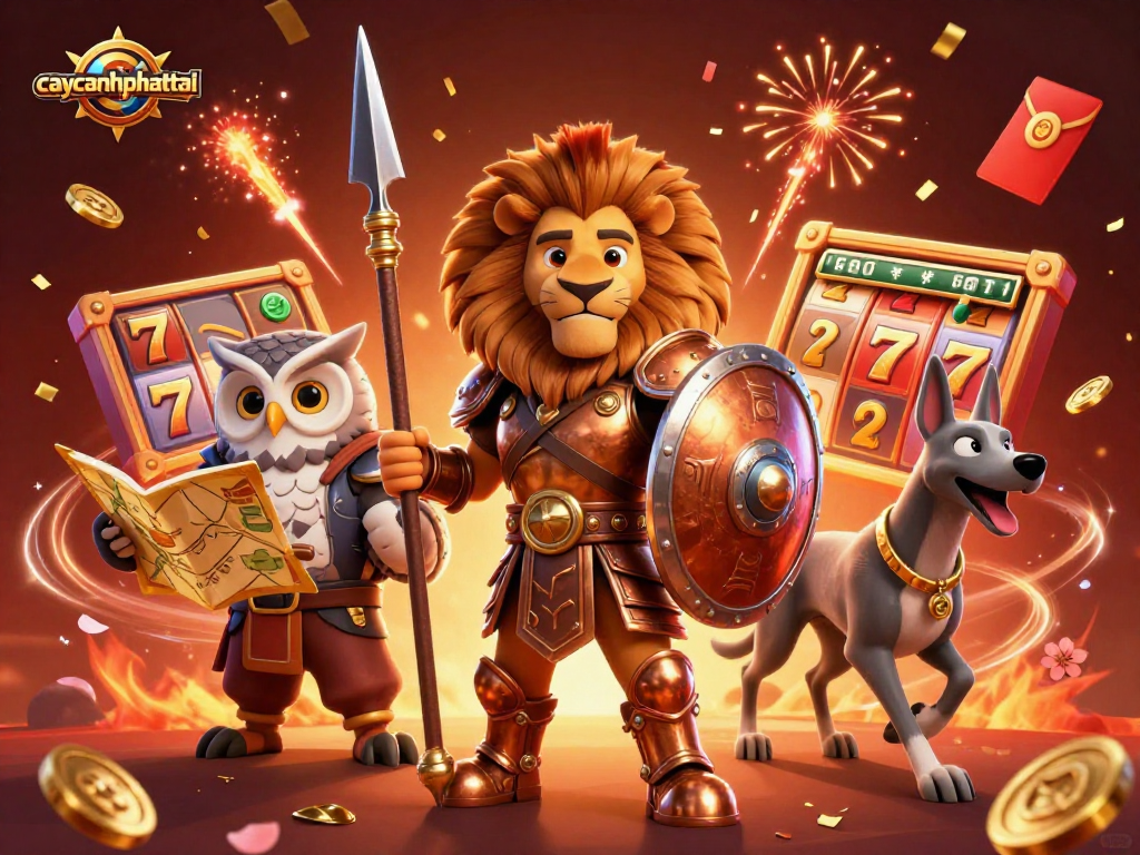 Spin and win on caycanhphattai with engaging 3D characters in an immersive casino scene.