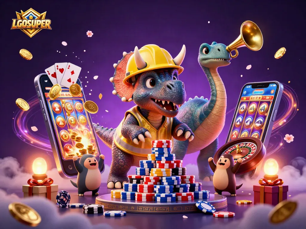 LGOSUPER showcases a triceratops building poker chips amid a vibrant casino scene.