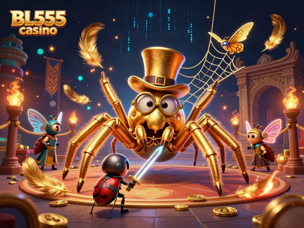 Experience thrilling moments at BL555 casino with a vibrant scene featuring a golden tarantula and brave knight.