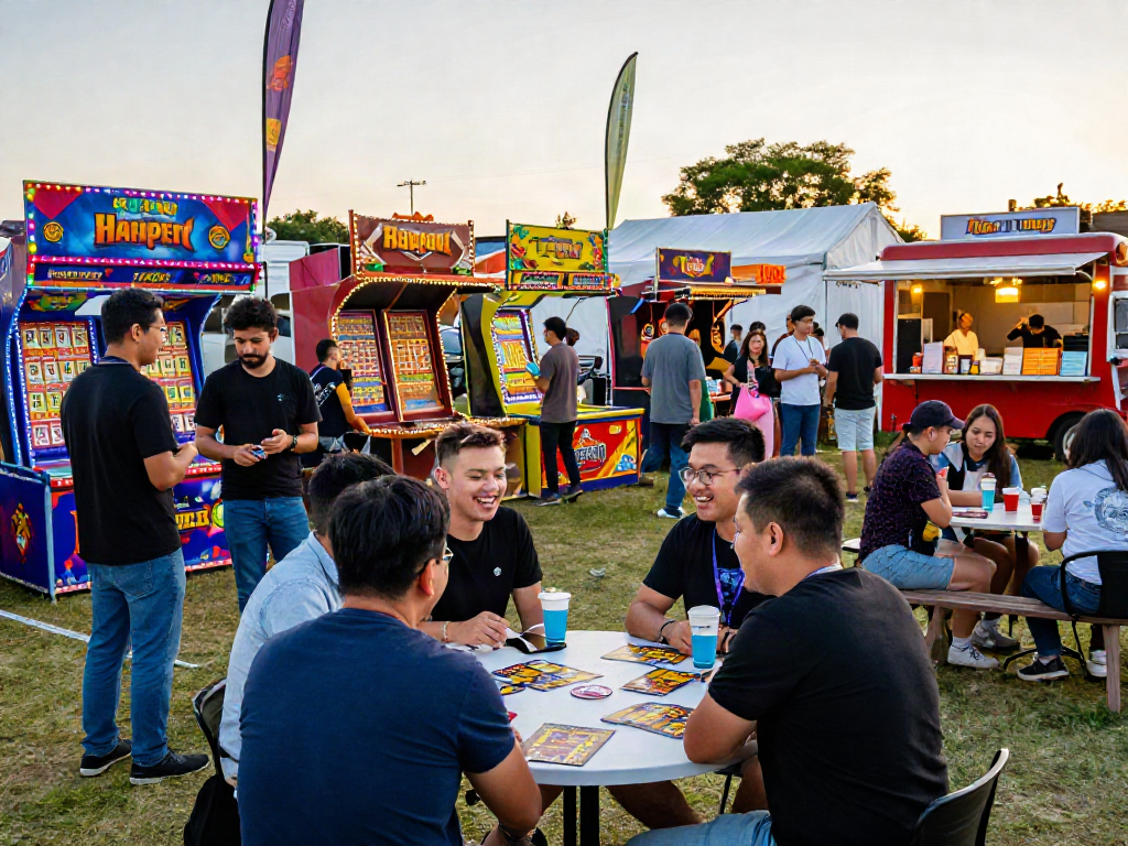 Situs toto gaming festival scene with friends enjoying games and vibrant atmosphere.