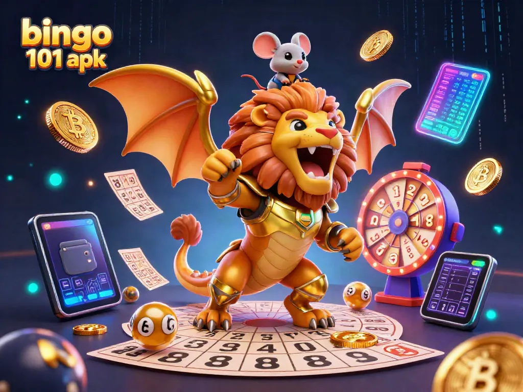 Engage with bingo 101 apk's vibrant bingo experience featuring a triumphant chimera and dynamic game elements.