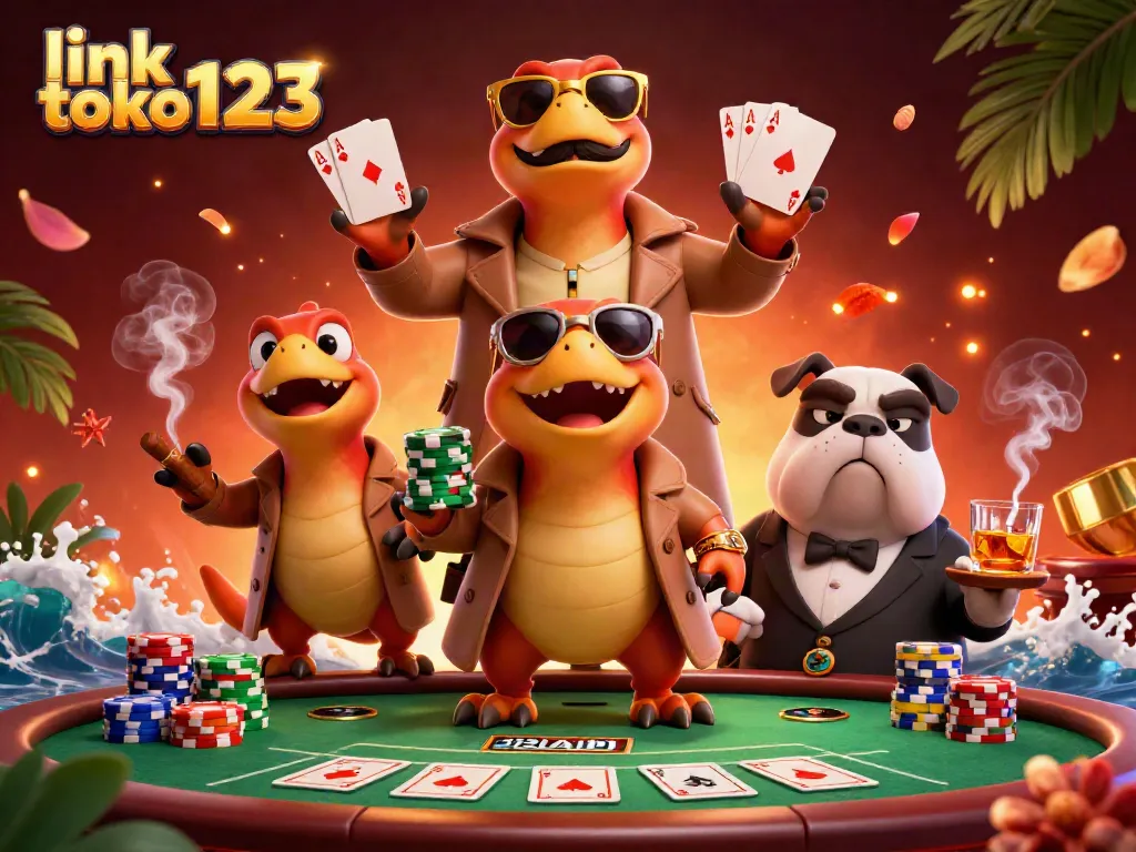 Experience the thrill of link toko123 in a vibrant 3D casino scene with raptors and poker elements.