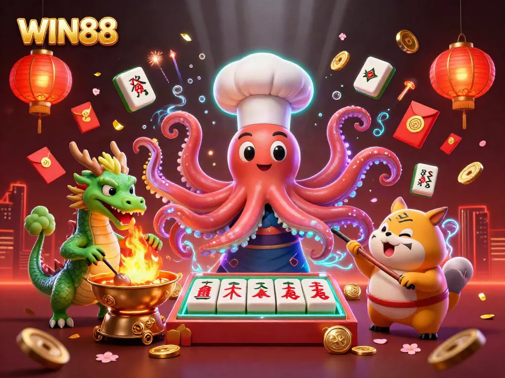 Experience the thrill of WIN88 with vibrant slot reels and dynamic casino characters.