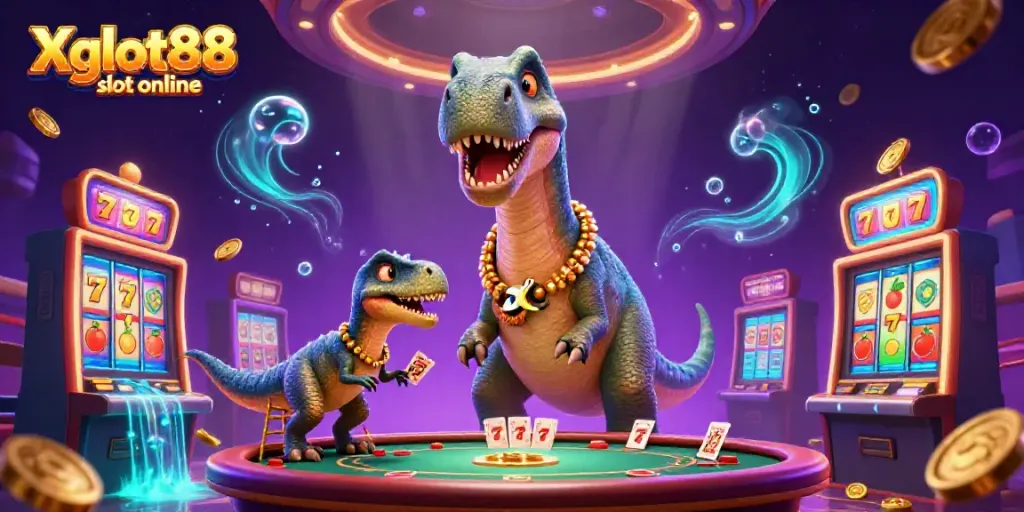 Pemain mengalahkan peluang di Xgslot88 slot online dengan brontosaurus raksasa dan mesin slot menawan.