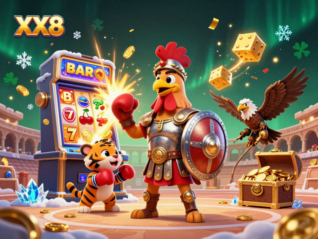 Experience the thrill of XX8 with a dynamic scene of a gladiator rooster amid a jackpot explosion.
